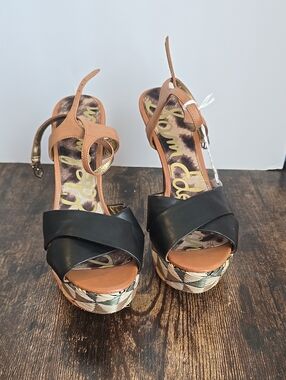 Sam Edelman Black & Tan Braided-Platform Wedge Sandals